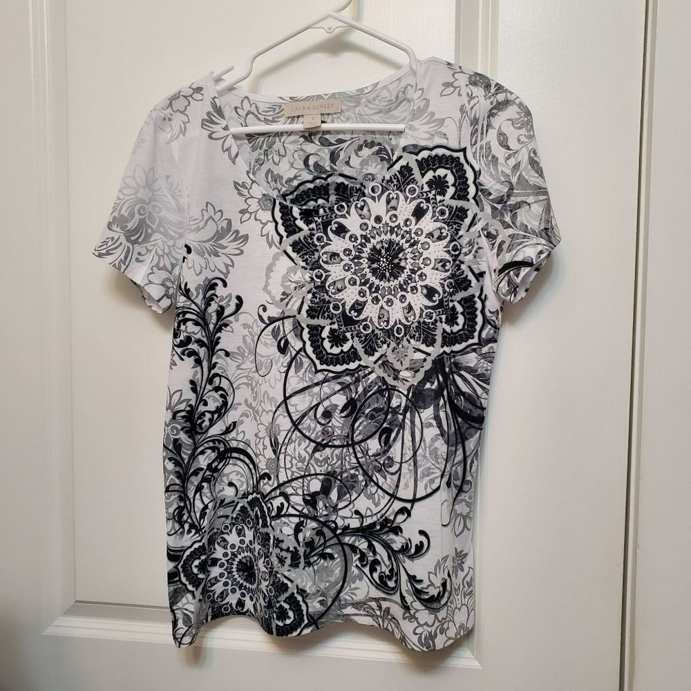 Laura Ashley Women's Printed Studded Top T-Shirt, Size S, Black and White
